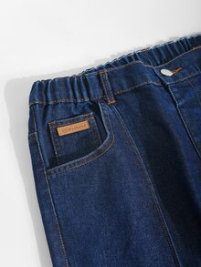 Celana Jeans Denim Biru Tua Model Lebar dengan Pinggang Elastis untuk Remaja Perempuan, Warna Gelap, Musim Panas, Desain Lipit, Jahitan Tengah, Patch Kulit Kecil, Gaya Jalanan Matrix Prom - Dark Wash - View 6