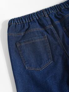 Celana Jeans Denim Biru Tua Model Lebar dengan Pinggang Elastis untuk Remaja Perempuan, Warna Gelap, Musim Panas, Desain Lipit, Jahitan Tengah, Patch Kulit Kecil, Gaya Jalanan Matrix Prom - Dark Wash - View 7