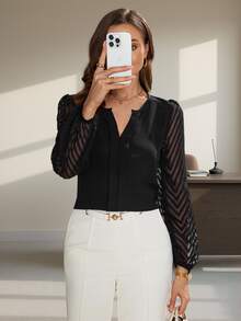 Editum Women Elegant Black Autumn Blouse Casual Contrast Color Trim Lantern Sleeve Notched Neck Suitable For Office Business Date Commuting Party Y2k - Black - View 3