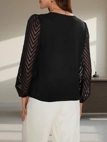 Editum Women Elegant Black Autumn Blouse Casual Contrast Color Trim Lantern Sleeve Notched Neck Suitable For Office Business Date Commuting Party Y2k - Black - View 2