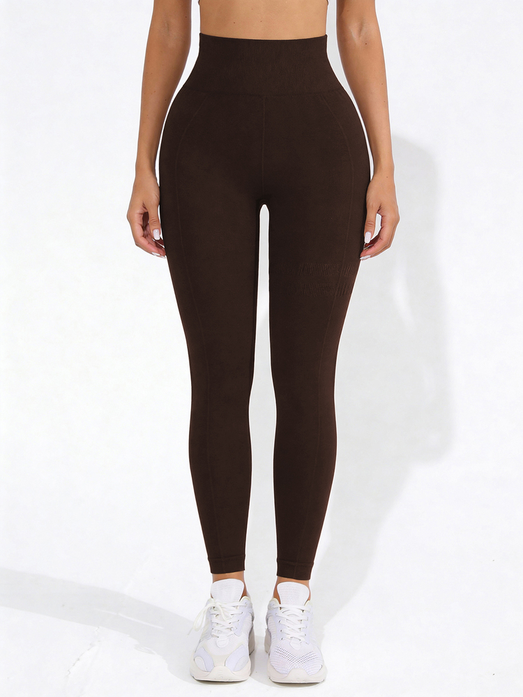 Eassivo Eassivo 1 pieza Leggings moldeadores de cintura alta de un solo color marrón oscuro para mujer, con un diseño sin costuras y elástico, cómodos para yoga, golf, correr, ciclismo, fitness, deportes casuales al aire libre, adecuados para primavera, verano, otoño e invierno - Café integral - Añade 2
