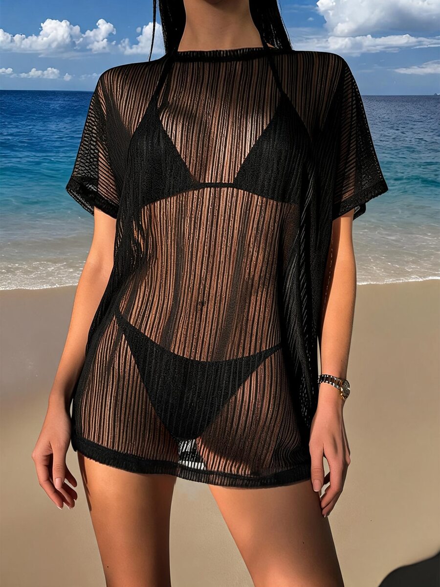 Swim Vcay Summer Beach Sheer Mesh Short Sleeve Cover Up/Shawl