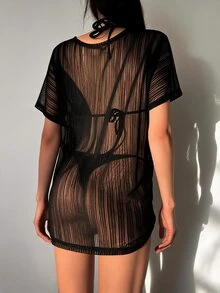 Swim Vcay Summer Beach Sheer Mesh Short Sleeve Cover Up/Shawl - Black - View 3