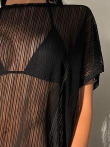 Swim Vcay Summer Beach Sheer Mesh Short Sleeve Cover Up/Shawl - Black - View 5