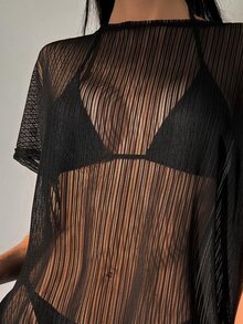 Swim Vcay Summer Beach Sheer Mesh Short Sleeve Cover Up/Shawl - Black - View 4