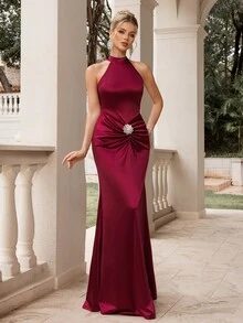 Poshira Women's Solid Color Rhinestone Decor Pleated Fitted Elegant Halter Neck Cocktail Dress - Burgundy - View 7