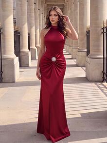 Poshira Women's Solid Color Rhinestone Decor Pleated Fitted Elegant Halter Neck Cocktail Dress - Burgundy - View 1