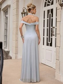 Poshira Women's Elastic Mesh Halter Neck Split Hem Long Formal Evening Gown (Heavy Workmanship) - Baby Blue - View 2