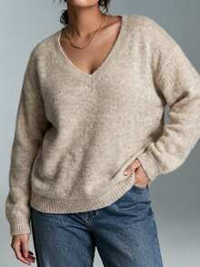 SHEIN LUNE CURVE Plus Size Women's Autumn/Winter Long Sleeve V-Neck Khaki Sweater, Casual Versatile For Daily Wear And Street Style - Khaki - View 1