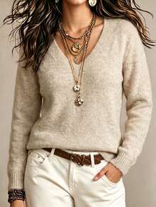 SHEIN LUNE CURVE Plus Size Women's Autumn/Winter Long Sleeve V-Neck Khaki Sweater, Casual Versatile For Daily Wear And Street Style - Khaki - View 4