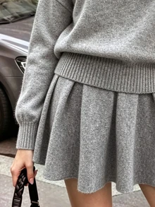 Autumn/Winter Festival Outfits Casual Solid Color Sweater & Knit Skirt 2 Pieces Set - Grey - View 7