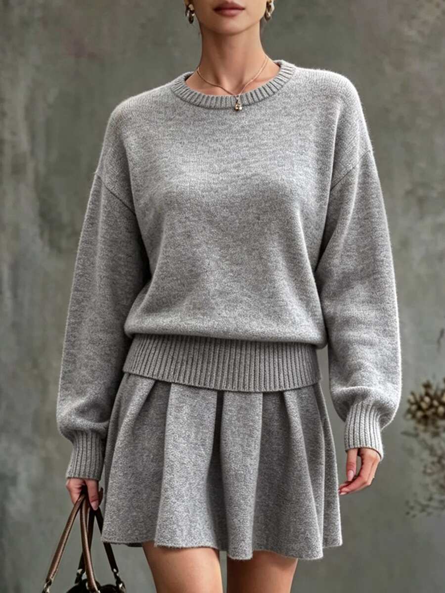 Autumn/Winter Festival Outfits Casual Solid Color Sweater & Knit Skirt 2 Pieces Set