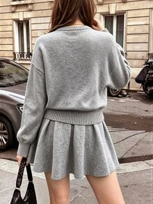 Autumn/Winter Festival Outfits Casual Solid Color Sweater & Knit Skirt 2 Pieces Set - Grey - View 3