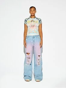 SUMWON WOMEN Geisha Graphic Raglan Crop Tee With Japanese Print Front, Contrast Printed Sleeves And Round Neckline, Spring Summer Festival Top - Grey - View 2