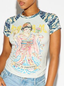 SUMWON WOMEN Geisha Graphic Raglan Crop Tee With Japanese Print Front, Contrast Printed Sleeves And Round Neckline, Spring Summer Festival Top - Grey - View 4