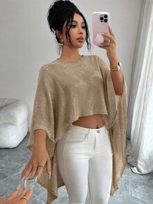 Elenzga 女款軟香檳色圓領寬鬆休閒層搭針織披肩毛衣，亮片閃亮上衣，適合夜店派對、雞尾酒會、晚宴、婚禮儀式 - 駝色 - 查看 3