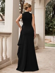 Poshira Women's Formal Evening Gown With Rhinestone Decoration - Black - View 3