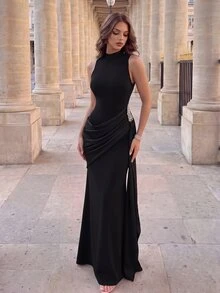 Poshira Women's Formal Evening Gown With Rhinestone Decoration - Black - View 12