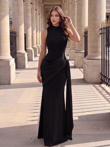 Poshira Women's Formal Evening Gown With Rhinestone Decoration - Black - View 13
