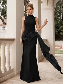 Poshira Women's Formal Evening Gown With Rhinestone Decoration - Black - View 4