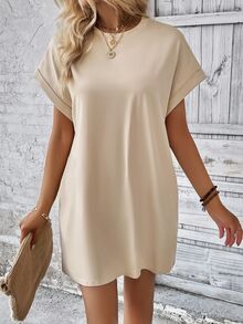 INAWLY Solid Color Round Neck Raglan Sleeve Rolled Hem Casual Loose Fit Versatile Dress - Apricot - View 6