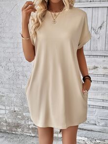 INAWLY Solid Color Round Neck Raglan Sleeve Rolled Hem Casual Loose Fit Versatile Dress - Apricot - View 7