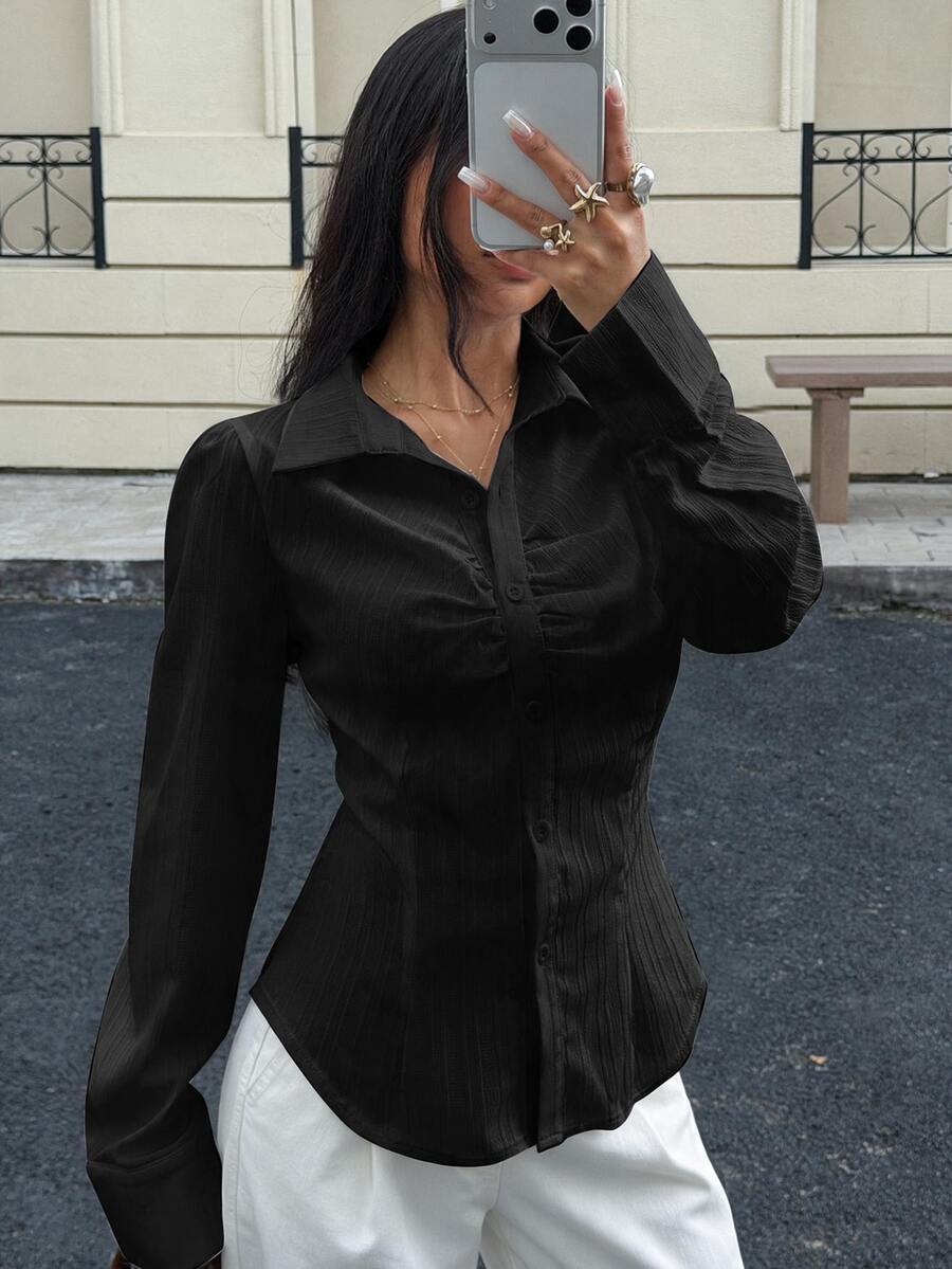 Siren Gaze 女款V領秋季收腰性感風上衣,純色百褶鈕扣長袖襯衫,白色領口女式襯衫 - 黑色 - 查看 1