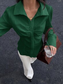 Siren Gaze 女款V領收腰純欲風純色百褶鈕扣長袖襯衫，深綠色優雅秋季早午餐上衣 - 墨綠色 - 查看 3