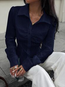 Siren Gaze 女款白色V領襯衫，秋季收腰純欲風上衣，純色百褶鈕扣長袖襯衫，白色領口襯衫，女款白色襯衫 - 藏蓝色 - 查看 5