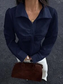 Siren Gaze 女款白色V領襯衫，秋季收腰純欲風上衣，純色百褶鈕扣長袖襯衫，白色領口襯衫，女款白色襯衫 - 藏蓝色 - 查看 6