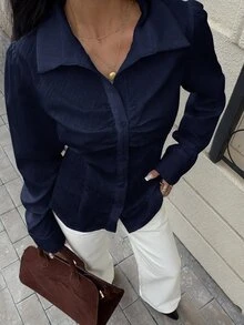Siren Gaze 女款白色V領襯衫，秋季收腰純欲風上衣，純色百褶鈕扣長袖襯衫，白色領口襯衫，女款白色襯衫 - 藏蓝色 - 查看 4
