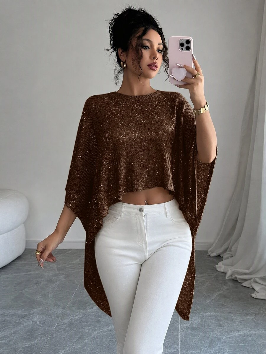 SHEIN Elenzya 柔軟香檳色圓領寬鬆休閒層次感女款毛衣 - 咖啡棕 - 查看 1