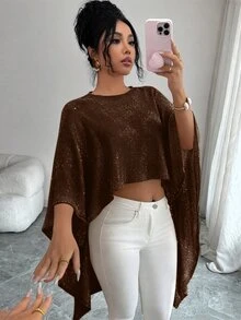 SHEIN Elenzya 柔軟香檳色圓領寬鬆休閒層次感女款毛衣 - 咖啡棕 - 查看 3
