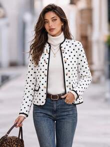 Editum Women's Autumn Elegant French Houndstooth Colorblock Metal Button Jacket Suitable For Daily Commute Teachers' Day Office Black And White Polka Dot - White - View 1