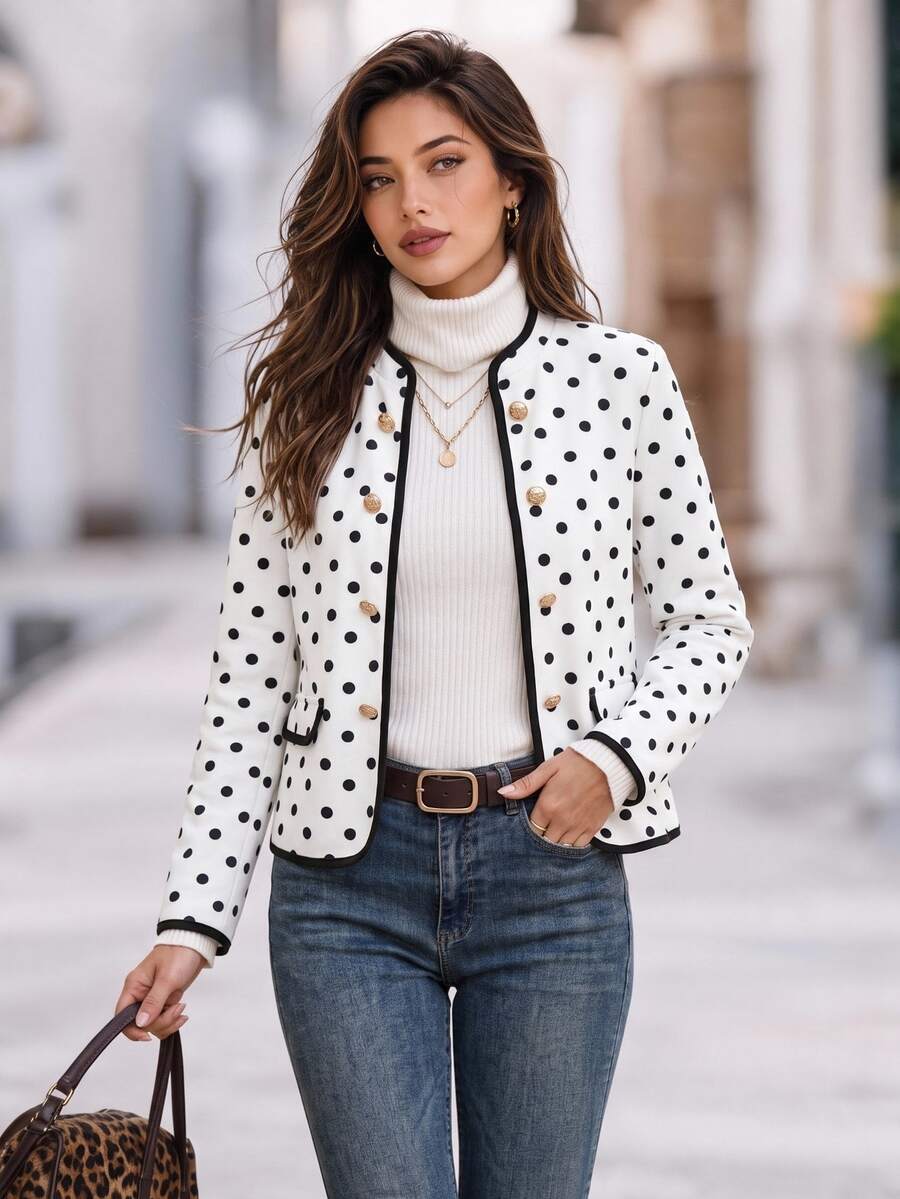 Editum Women's Autumn Elegant French Houndstooth Colorblock Metal Button Jacket Suitable For Daily Commute Teachers' Day Office Black And White Polka Dot - White - View 1