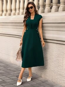 Editum 女款深綠色秋季優雅辦公中長洋裝，方領鈕扣設計純色獵人綠正式教堂洋裝，附口袋，商務 Y2K 風格 - 墨綠色 - 查看 4