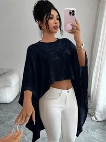 SHEIN Elenzya 海軍藍圓領寬鬆休閒層搭女款毛衣，適合夜晚外出、早午餐、秋季優雅休閒性感閃亮上衣，適用夜店派對與雞尾酒會 - 寶藍色 - 查看 3