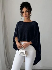SHEIN Elenzya 海軍藍圓領寬鬆休閒層搭女款毛衣，適合夜晚外出、早午餐、秋季優雅休閒性感閃亮上衣，適用夜店派對與雞尾酒會 - 寶藍色 - 查看 6