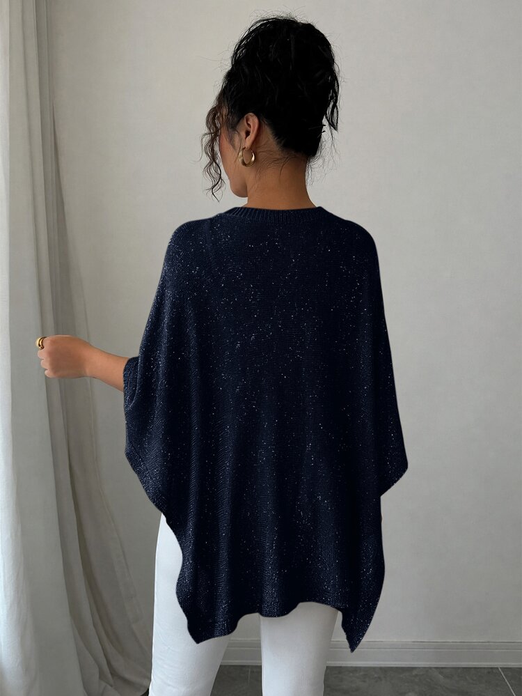 SHEIN Elenzya كنزة نسائية كحلي بياقة دائرية فضفاضة مريحة متعددة الطبقات للخروج الليلي والغداء والخروج في الخريف أنيقة وكاجوال وجذابة براقة للنادي والحفلة والكوكتيل - أزرق غامق - مشاهدة 2