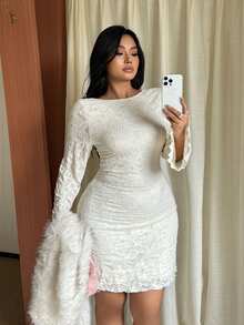 GalTyme Autumn/Winter Casual Backless Mesh Print Dress - White - View 7