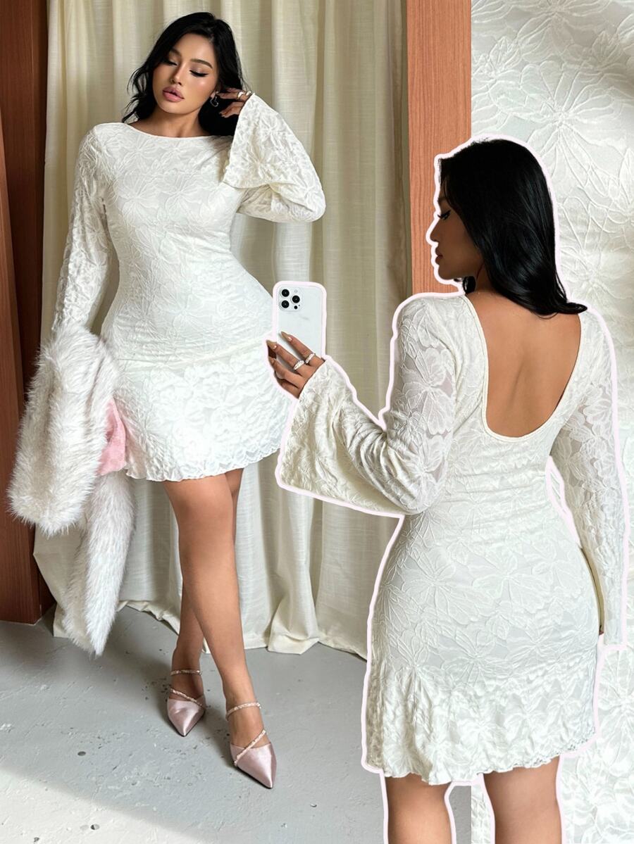GalTyme Autumn/Winter Casual Backless Mesh Print Dress - White - View 1