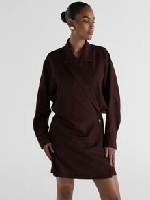 KSTM Blazer Mini Dress With Notch Lapel Collar Long Sleeve Wrap Front Button Detail Tailored Linen Feel Look Party Fall Winter - Brown - View 1