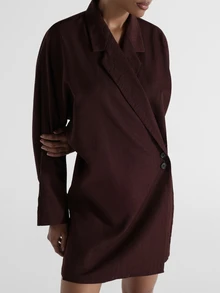 KSTM Blazer Mini Dress With Notch Lapel Collar Long Sleeve Wrap Front Button Detail Tailored Linen Feel Look Party Fall Winter - Brown - View 4