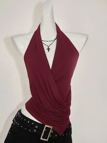 SHEIN ICON 女式不对称下摆立领无袖背心 - 酒紅色 - 查看 5