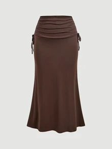 SHEIN MOD Plus Size Women Romantic Lace Sleeve Patchwork Ruched Waist Top, Side Ruched Tie Fishtail Skirt. Elegant Outfit, Party, Afternoon Tea, Event Fall - Coffee Brown - View 5