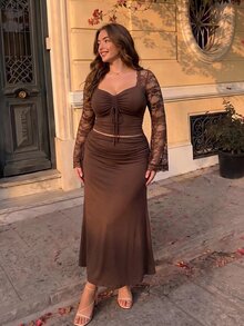 SHEIN MOD Plus Size Women Romantic Lace Sleeve Patchwork Ruched Waist Top, Side Ruched Tie Fishtail Skirt. Elegant Outfit, Party, Afternoon Tea, Event Fall - Coffee Brown - View 11