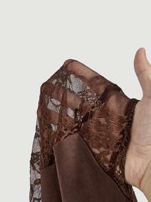 SHEIN MOD Plus Size Women Romantic Lace Sleeve Patchwork Ruched Waist Top, Side Ruched Tie Fishtail Skirt. Elegant Outfit, Party, Afternoon Tea, Event Fall - Coffee Brown - View 12
