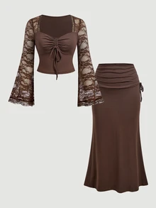 SHEIN MOD Plus Size Women Romantic Lace Sleeve Patchwork Ruched Waist Top, Side Ruched Tie Fishtail Skirt. Elegant Outfit, Party, Afternoon Tea, Event Fall - Coffee Brown - View 3