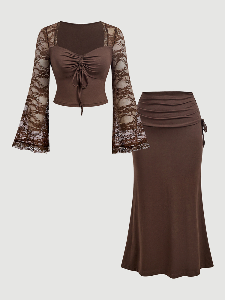 SHEIN MOD Atasan Wanita Ukuran Besar dengan Lengan Renda Romantis, Patchwork, dan Pinggang Berkerut, Rok Ekor Ikan dengan Tali dan Kerutan Samping. Busana Elegan, Pesta, Minum Teh Sore, Acara Musim Gugur - Coffee Brown - View 3