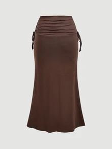 SHEIN MOD Plus Size Women Romantic Lace Sleeve Patchwork Ruched Waist Top, Side Ruched Tie Fishtail Skirt. Elegant Outfit, Party, Afternoon Tea, Event Fall - Coffee Brown - View 4
